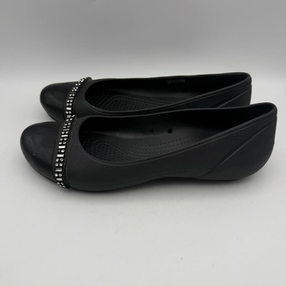 Crocs Lina Embellished Ballet Flats Womens 9 Black Rhinestone Pointed Toe Shoes